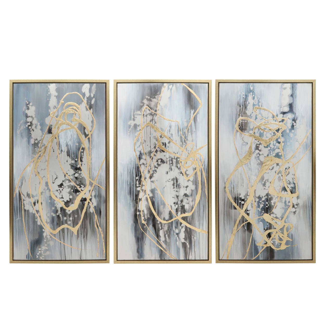 22 X 42 Canvas Wall Art, Abstract Luxury Paint Design, Set Of 3, Gold, Gray- Saltoro Sherpi