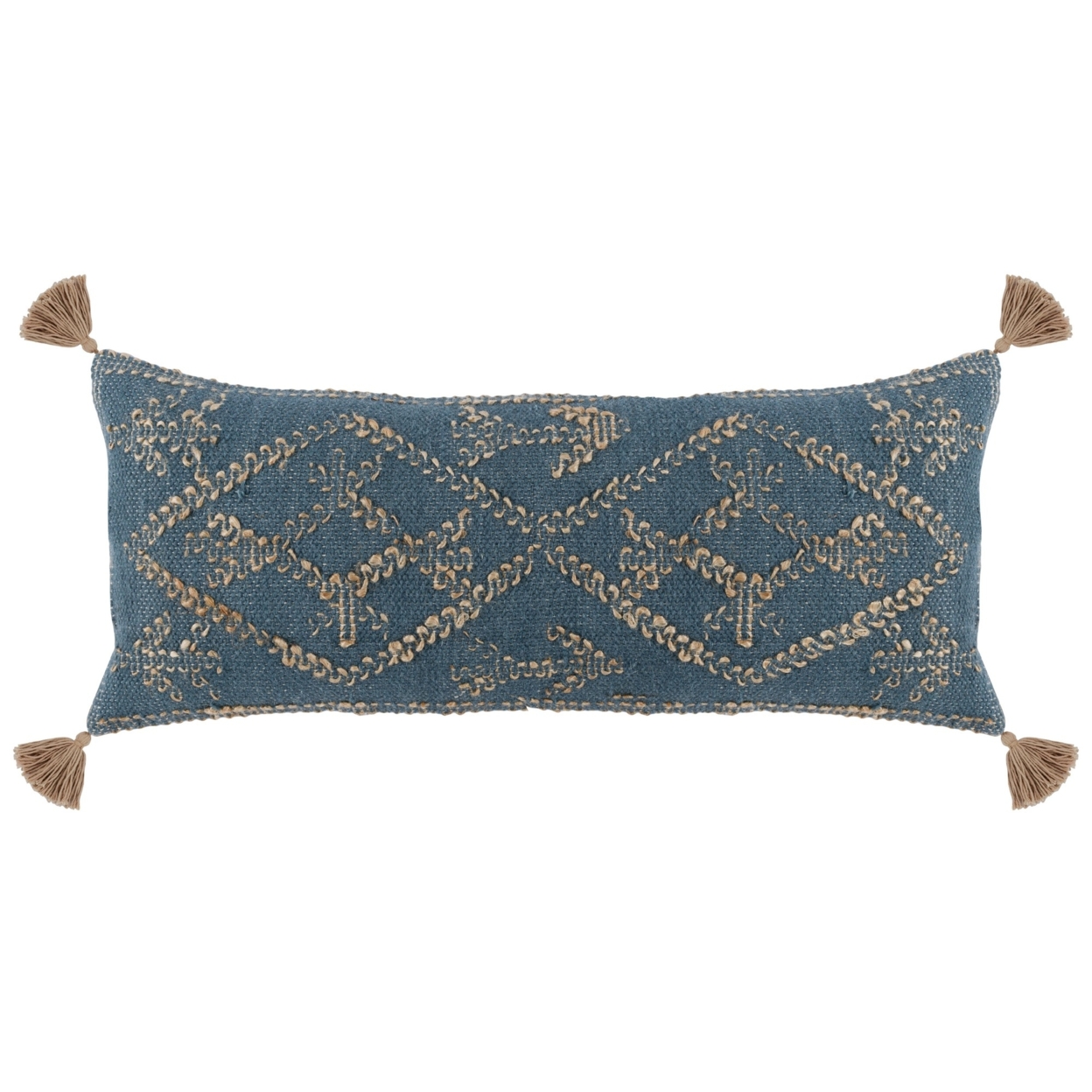 16 X 36 Accent Lumbar Pillow, Down, Blue Wool, Jute Woven Details, Tassels- Saltoro Sherpi
