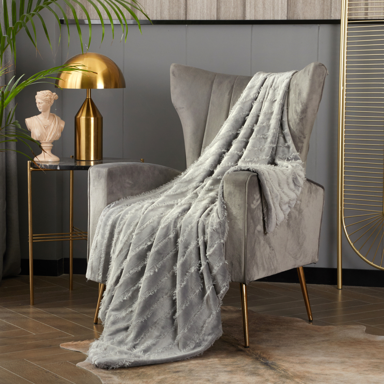 Liannah Throw Blanket Clip Jacquard Flannel Micromink Backing Design - Grey