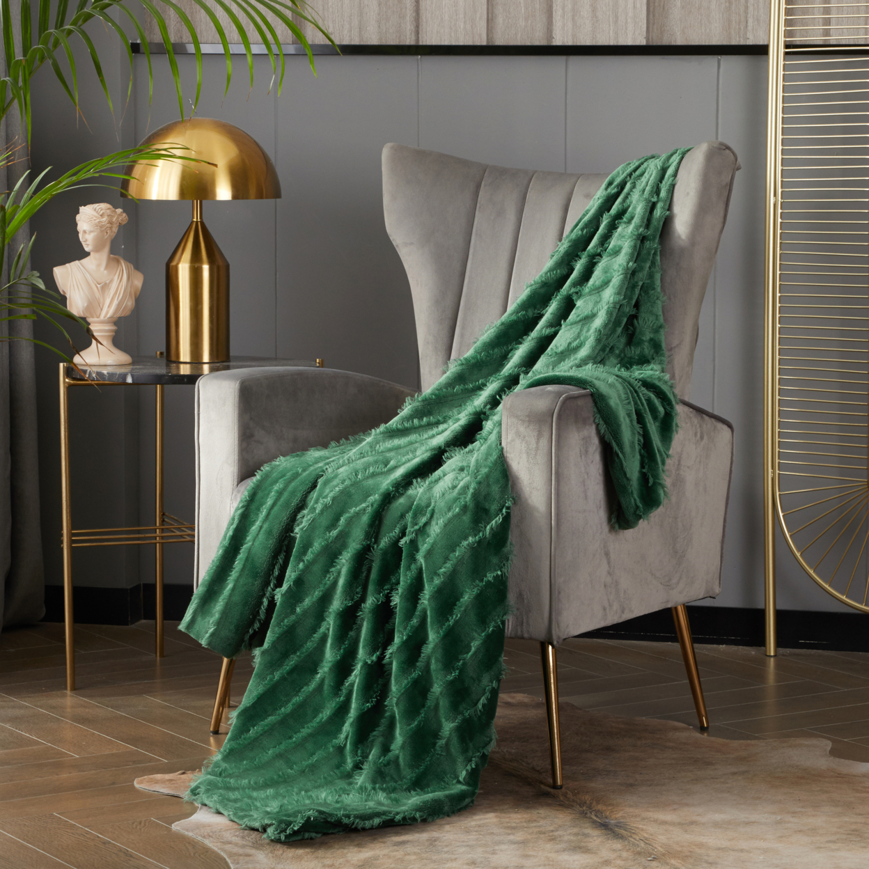 Liannah Throw Blanket Clip Jacquard Flannel Micromink Backing Design - Green
