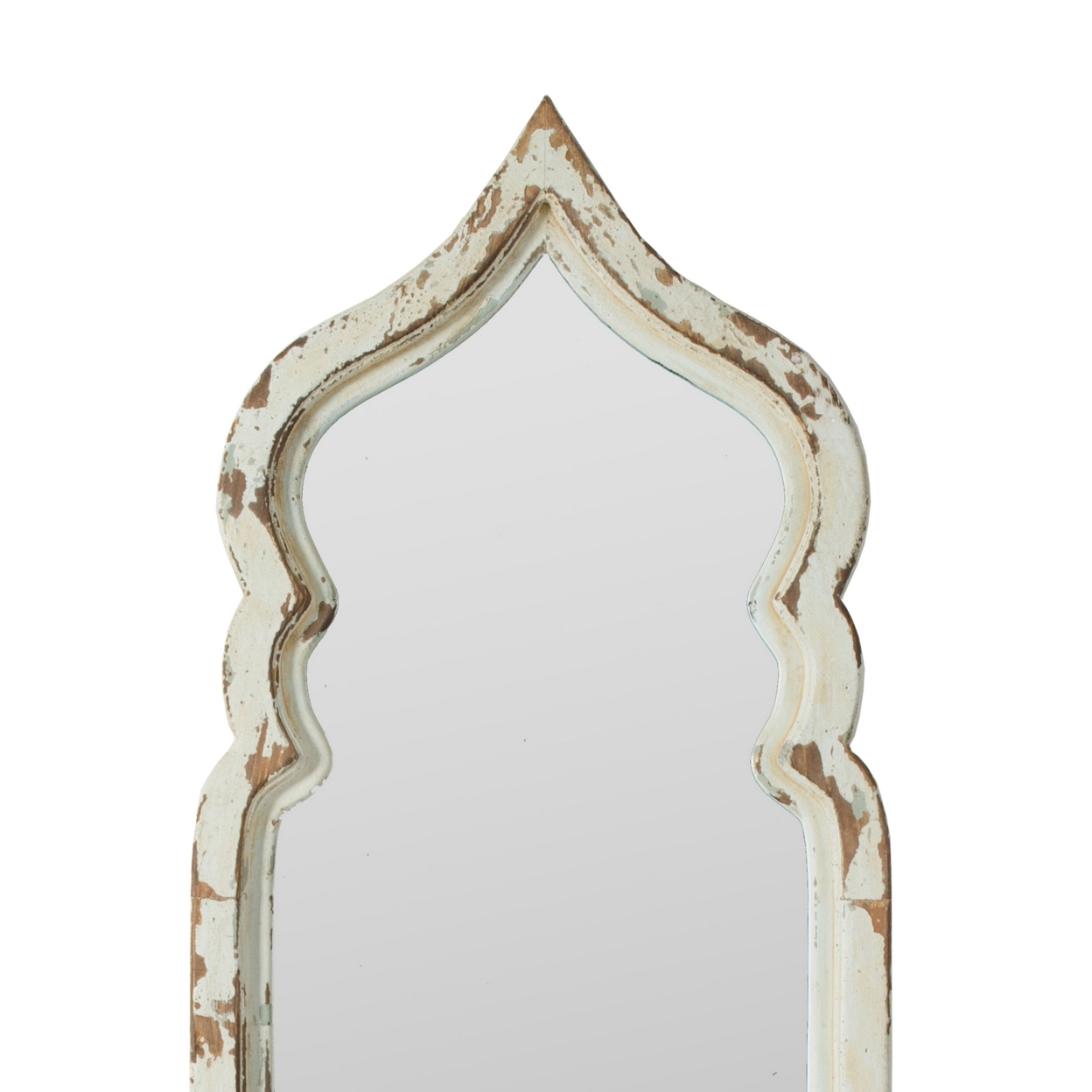 73 Inch Floor Mirror With Ornate Sculpted Top, Fir Wood, Weathered White- Saltoro Sherpi