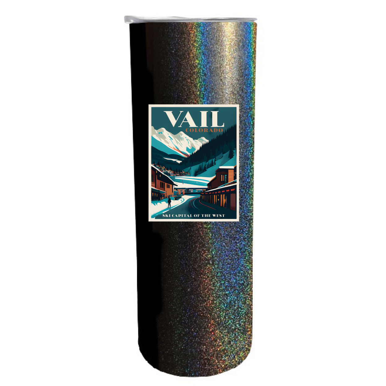 Vail Colorado Souvenir 20 Oz Insulated Stainless Steel Skinny Tumbler - Rainbow Glitter Black