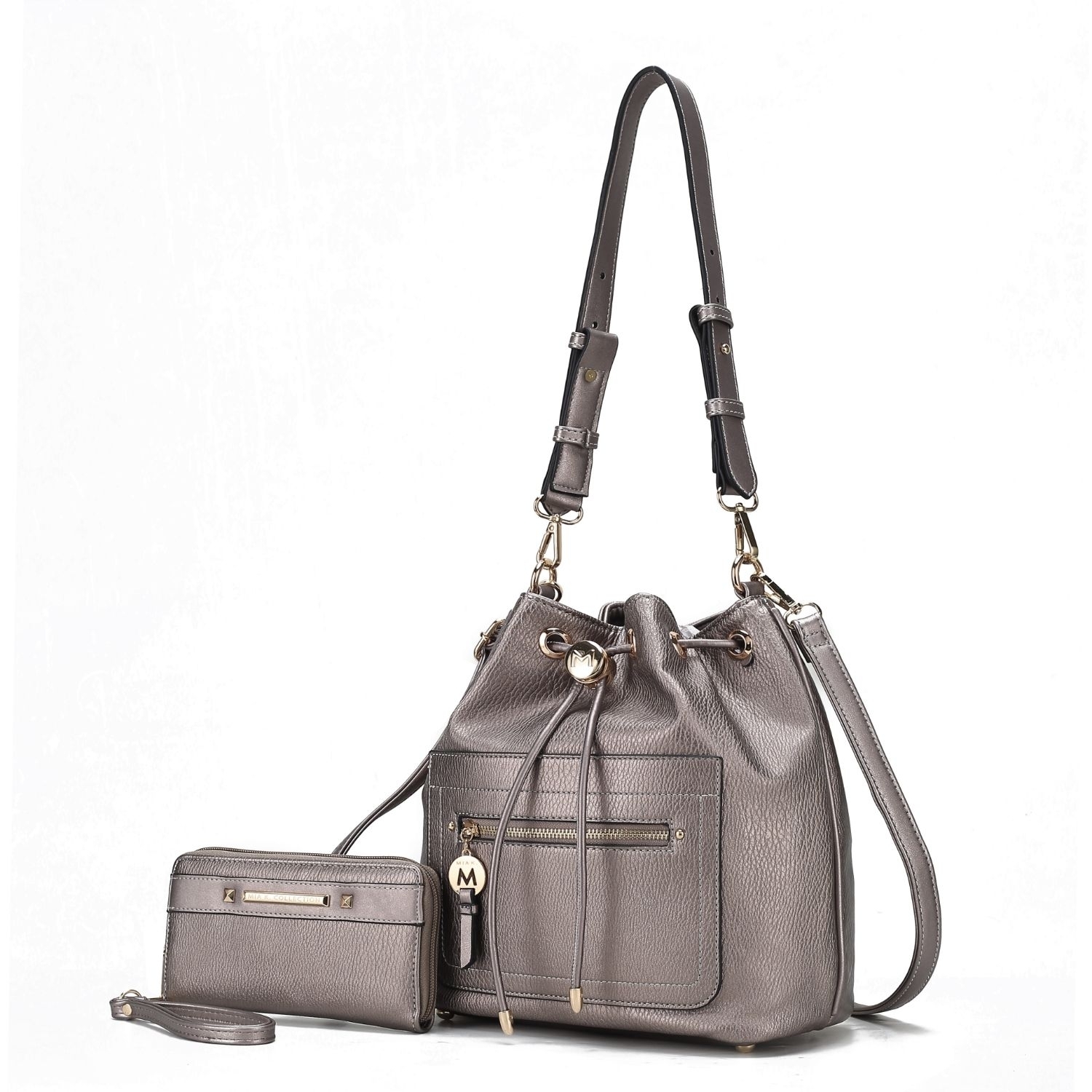 MKF Collection Larissa Vegan Leather Women's Bucket Bag With Wallet- 2 Pieces By Mia K - Pewter