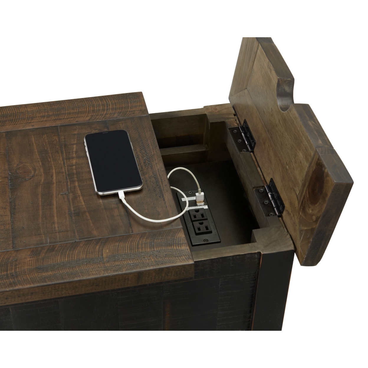 Fiya 25 Inch Chairside End Table Cabinet, Drawer, USB Ports, Black, Brown- Saltoro Sherpi