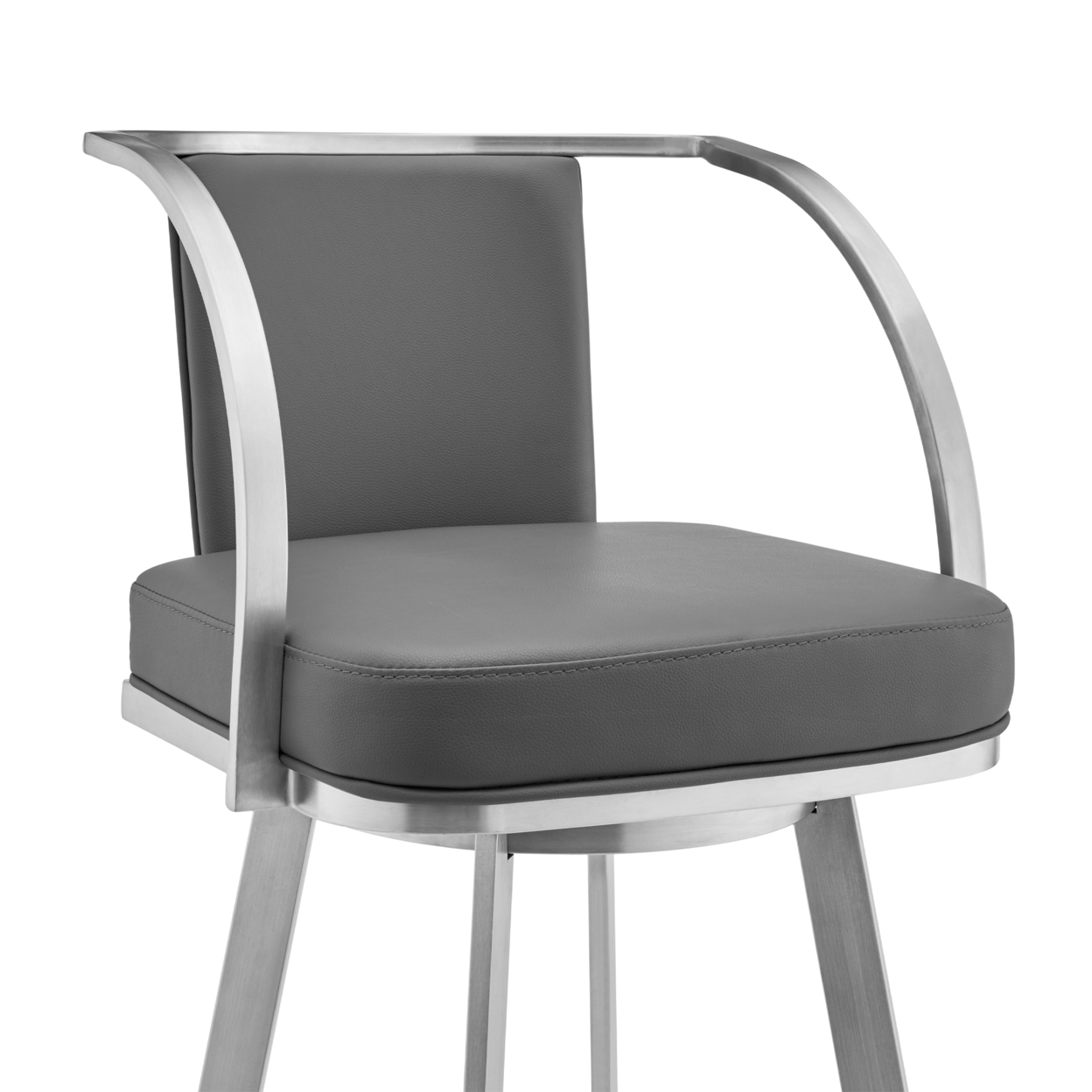 Ovn 30 Inch Swivel Barstool Chair, Gray Faux Leather, Stainless Steel Frame- Saltoro Sherpi