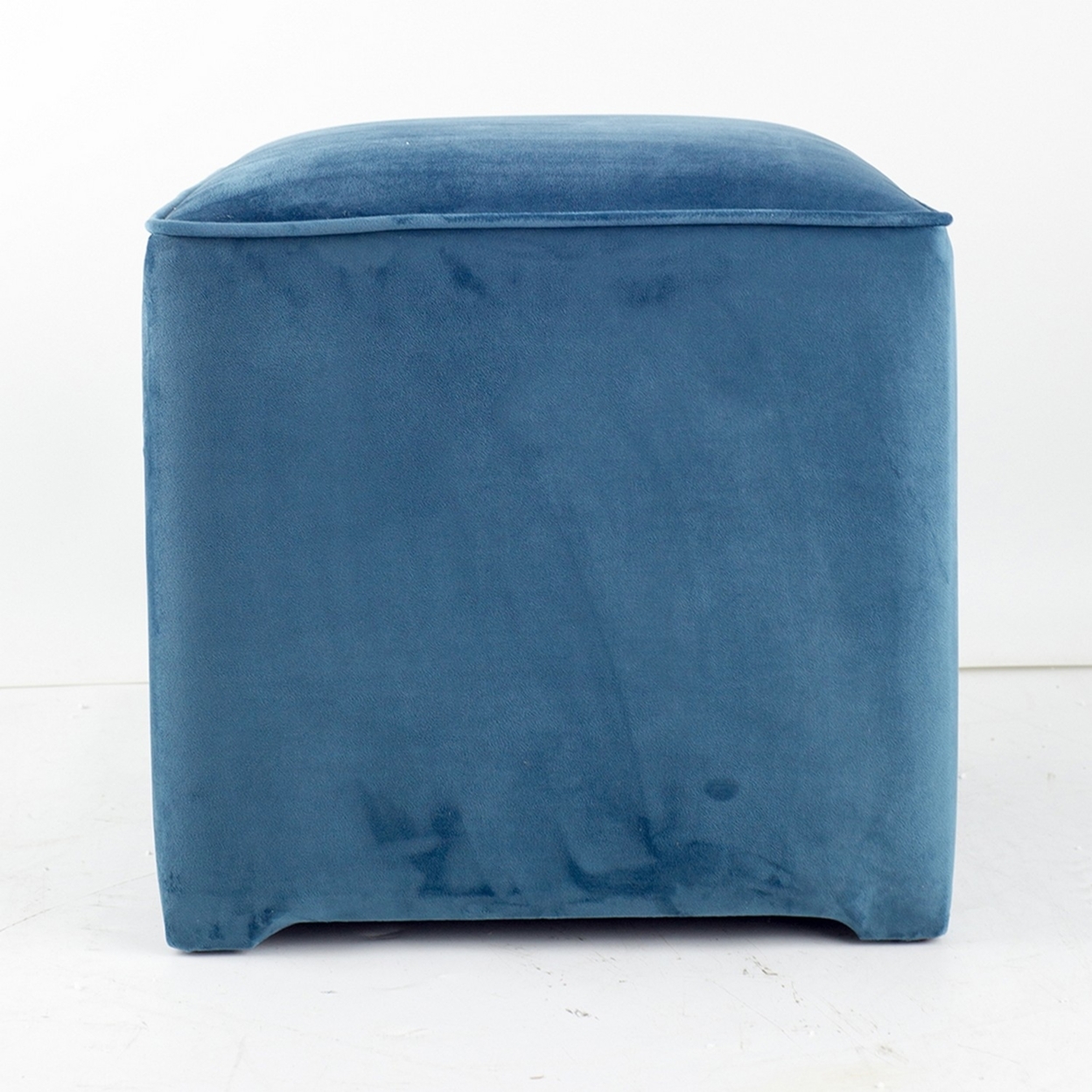 Modern Accent Stool, Cube Design, Wood Frame, Blue Velvet Fabric, Set Of 2- Saltoro Sherpi
