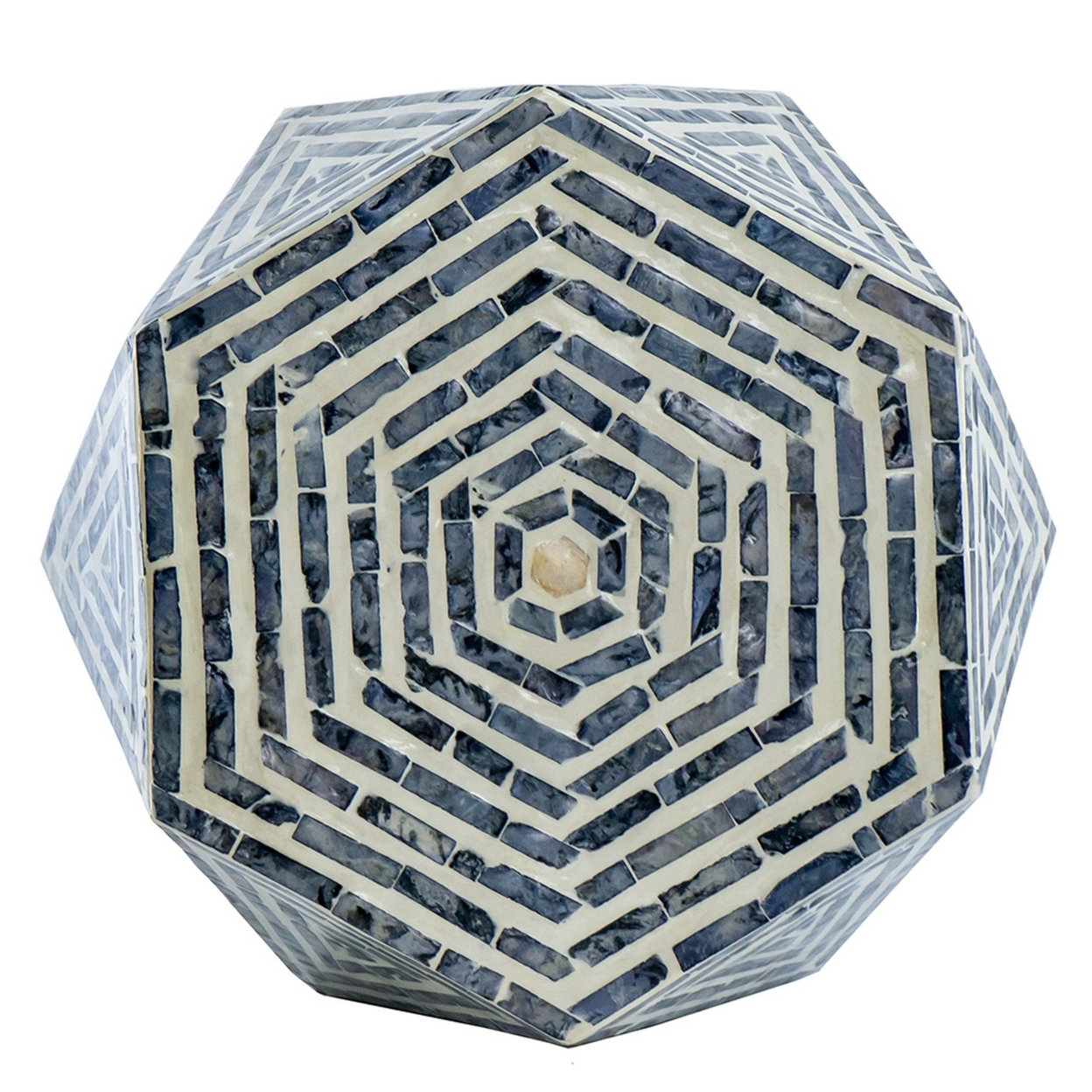 18 Inch Accent Table Stool, Hexagonal Design, Diamond Pattern, Blue, White- Saltoro Sherpi