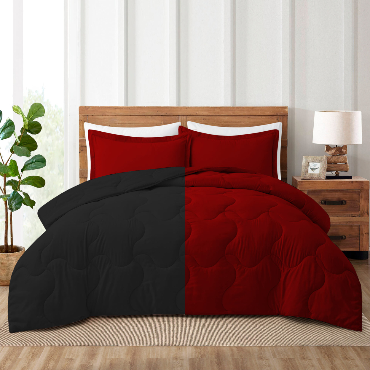 3 Or 2 Pieces Lightweight Reversible Comforter Set With Pillow Shams - Red/Black, Twin