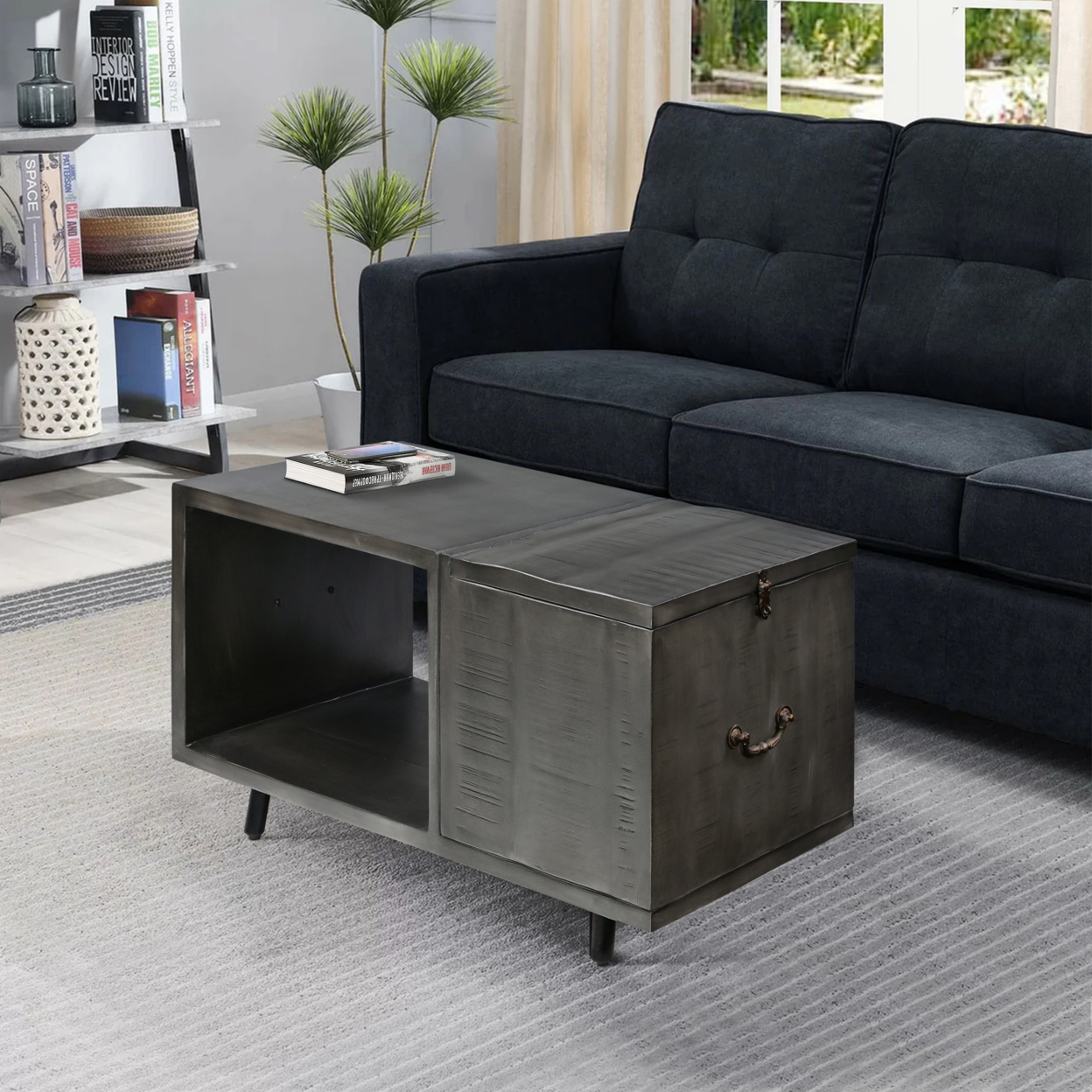 30 Inch Handcrafted Coffee Table With Hinged Lift Top Storage, Open Shelf, And Metal Legs, Charcoal Gray- Saltoro Sherpi