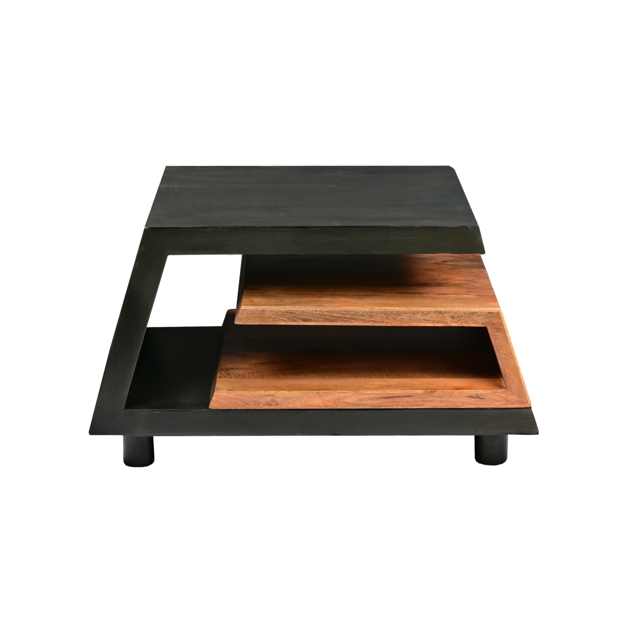 33 Inch Handcrafted Coffee Table, Geometric Dark Walnut And Natural Mango Wood Frame, Block Legs- Saltoro Sherpi