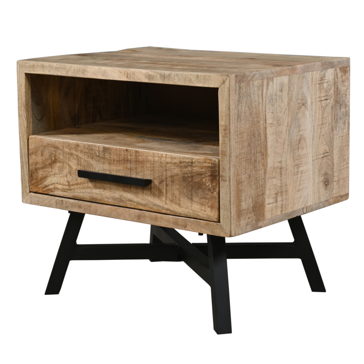 Bree 22 Inch Modern Rustic Single Drawer Nightstand, Brown Mango Wood Frame, Black Iron Angled Legs- Saltoro Sherpi