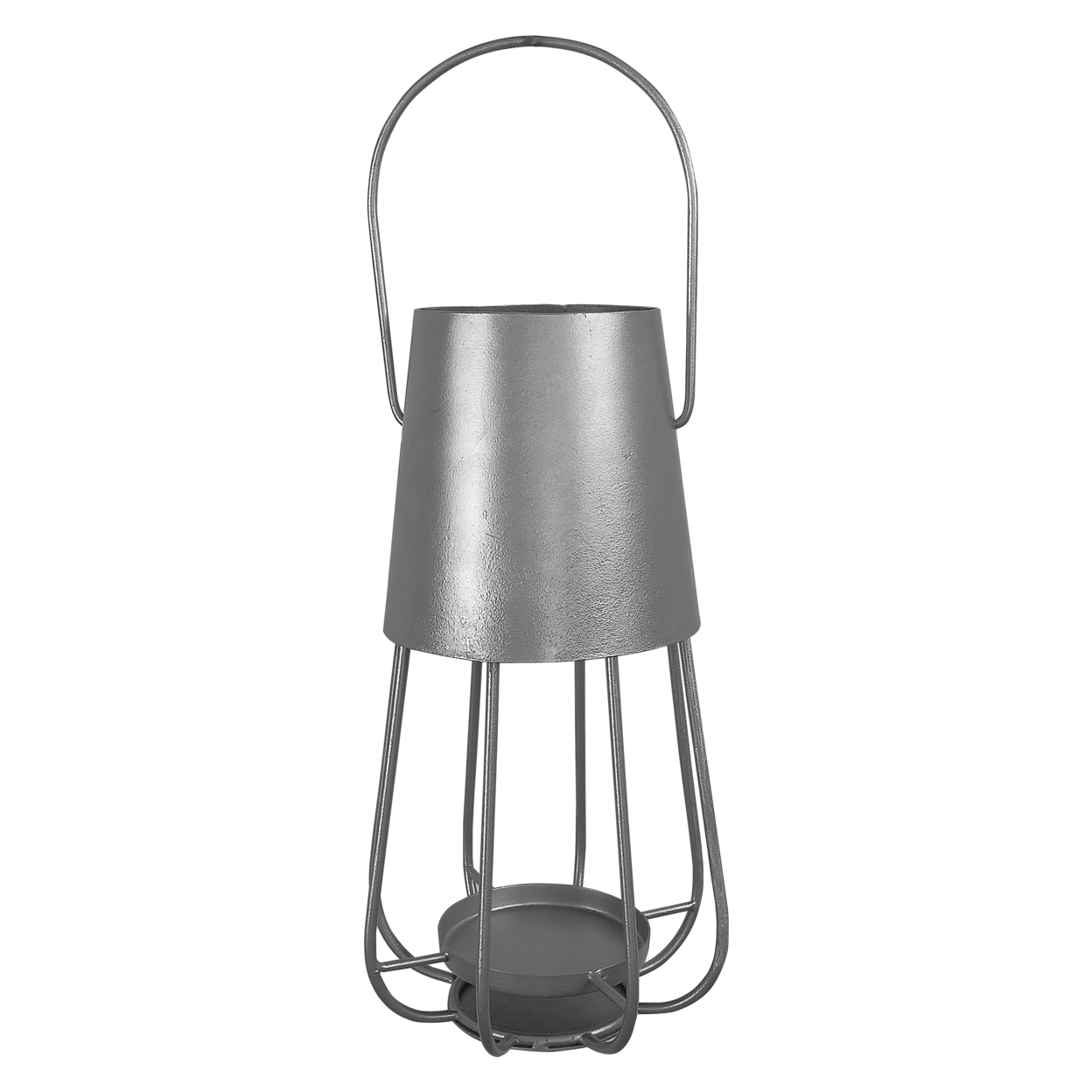Ambient 12 Inch Vintage Style Iron Candle Stand Lantern, Sleek Curved Handle, Metallic Silver- Saltoro Sherpi