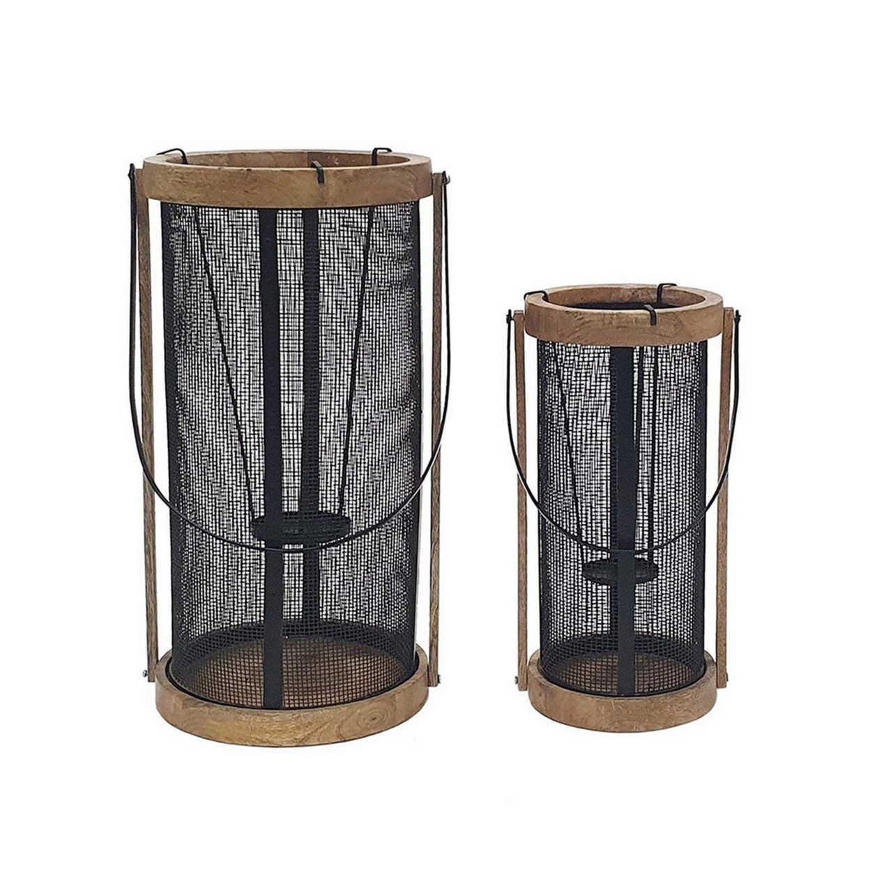 28, 20 Inch Lantern Set Of 2, Tall Cylinder Mesh Frame, Brown Mango Wood- Saltoro Sherpi