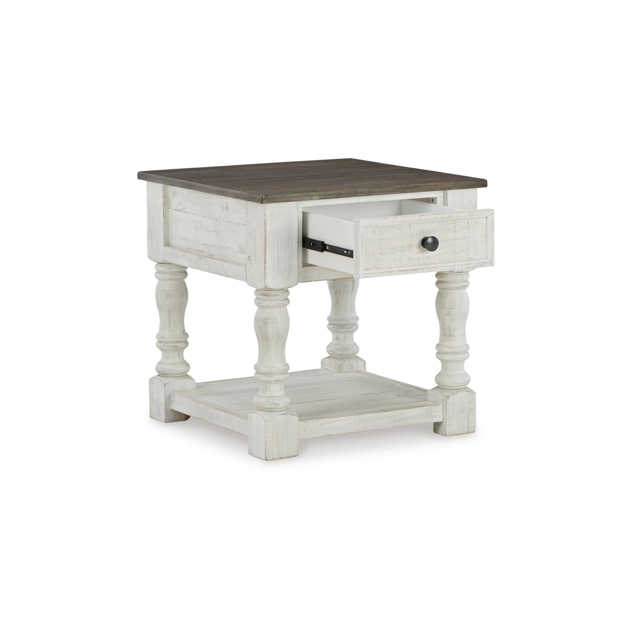 Tex 25 Inch Square Side End Table, Gray Plank Style Surface, White Base- Saltoro Sherpi
