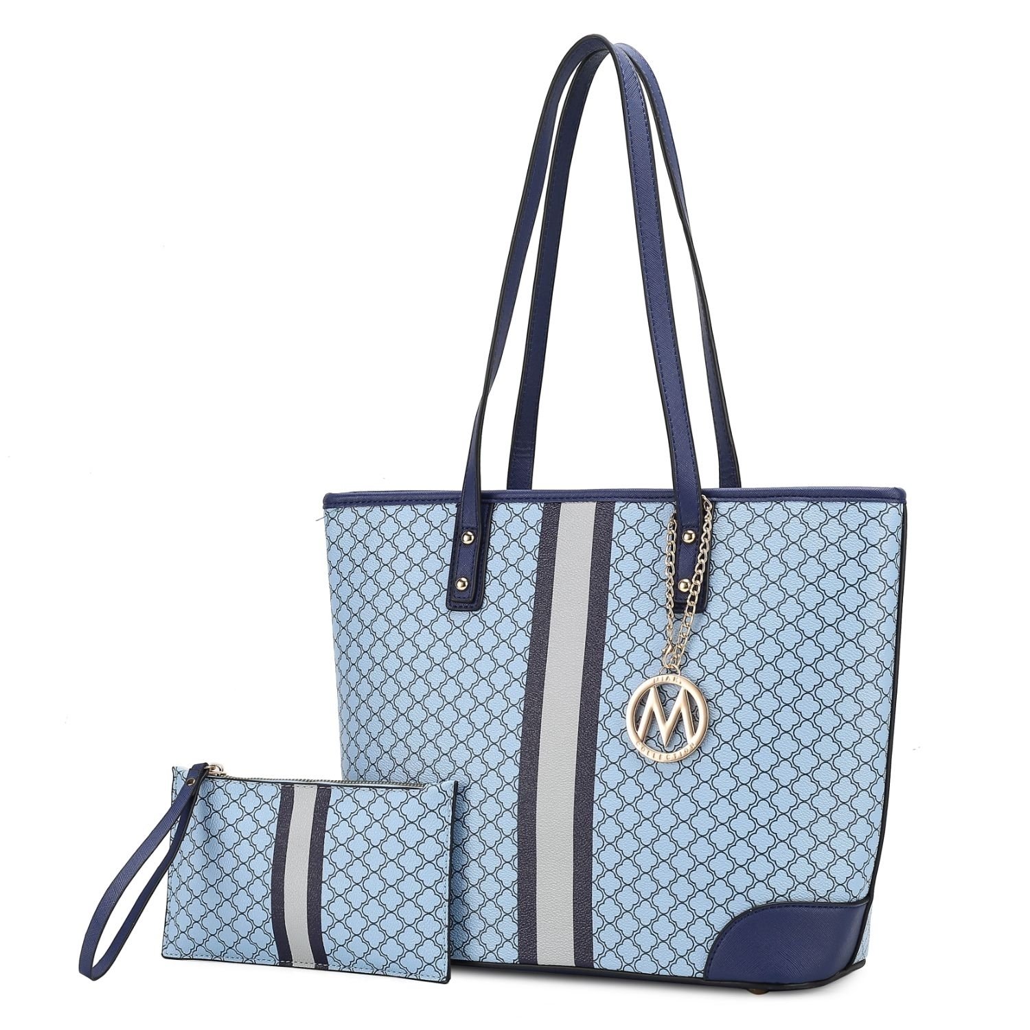 MKF Collection Arya Vegan Leather Women's Tote Bag With Wristlet Pouch- 2 Pieces By Mia K - Light Blue-navy