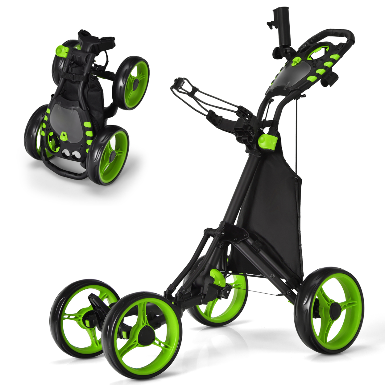 4 Wheels Foldable Golf Push Pull Cart Trolley W/ Brake Waterproof Bag - Grey