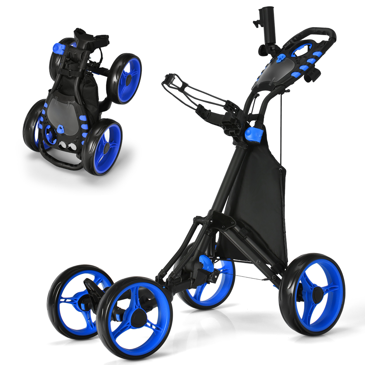 4 Wheels Foldable Golf Push Pull Cart Trolley W/ Brake Waterproof Bag - Blue
