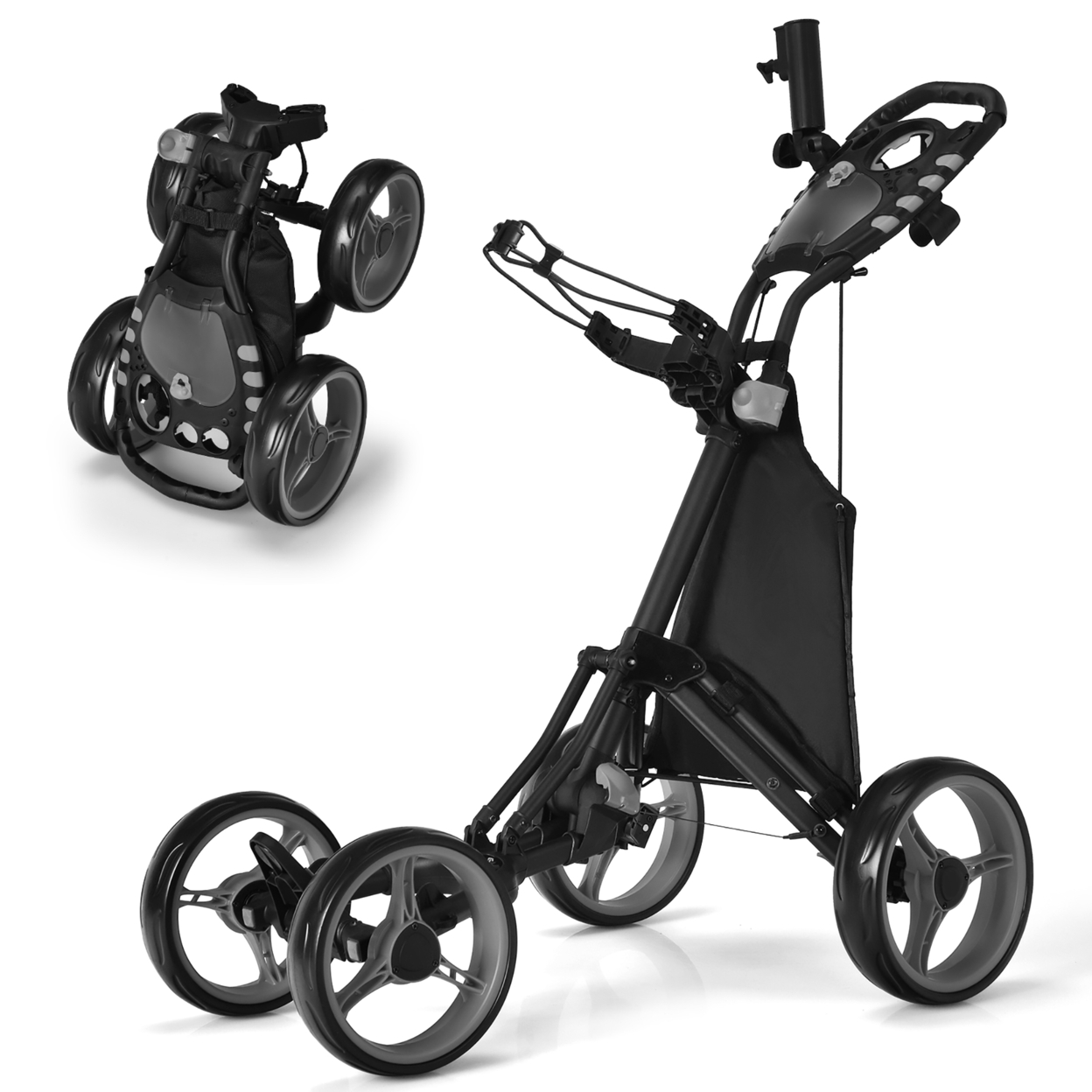 4 Wheels Foldable Golf Push Pull Cart Trolley W/ Brake Waterproof Bag - Grey