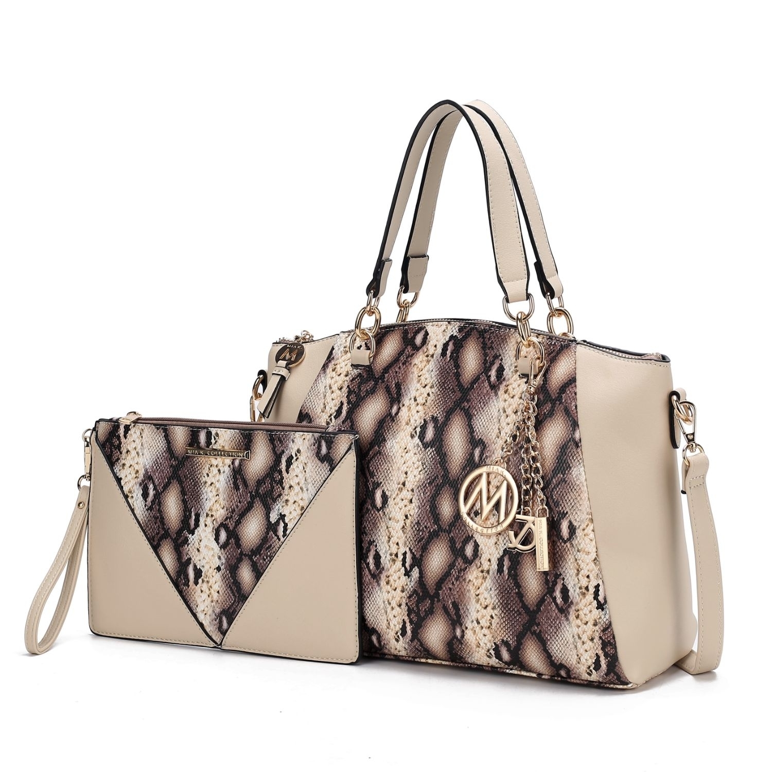 MKF Collection Addison Snake Embossed Vegan Leather Women's Tote Bag With Matching Wristlet By Mia K- 2 Pieces - Beige