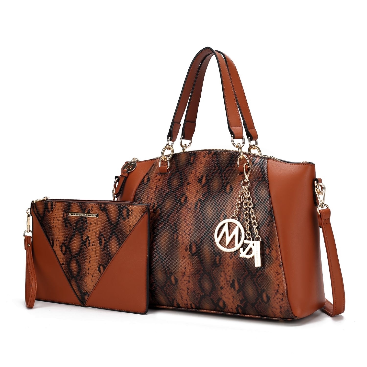 MKF Collection Addison Snake Embossed Vegan Leather Women's Tote Bag With Matching Wristlet By Mia K- 2 Pieces - Cognac