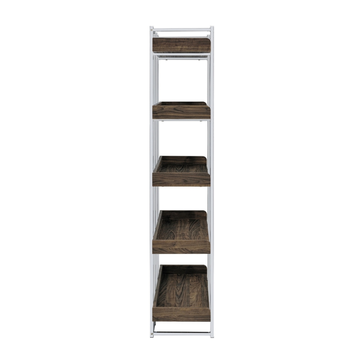 Pam 70 Inch Bookcase, 5 Wood Shelves With Raised Edges, Chrome Metal Frame- Saltoro Sherpi