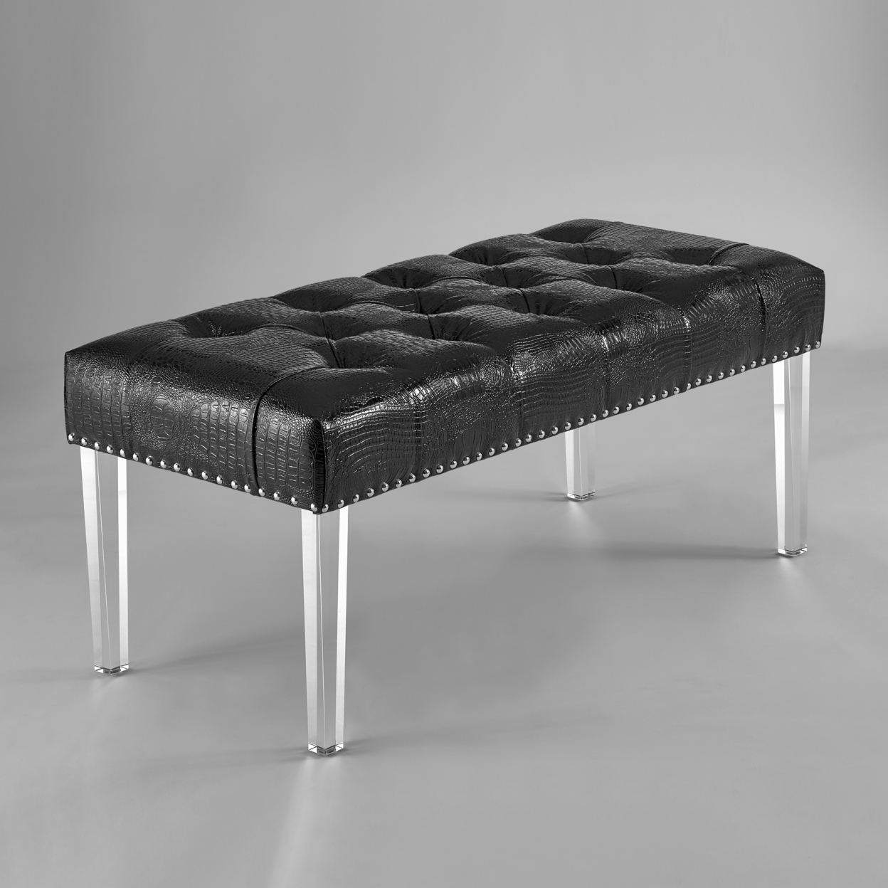 Iconic Home Teresa Bench Tufted Faux Leather Upholstered Acrylic Legs Nailhead Trim, Modern Transitional