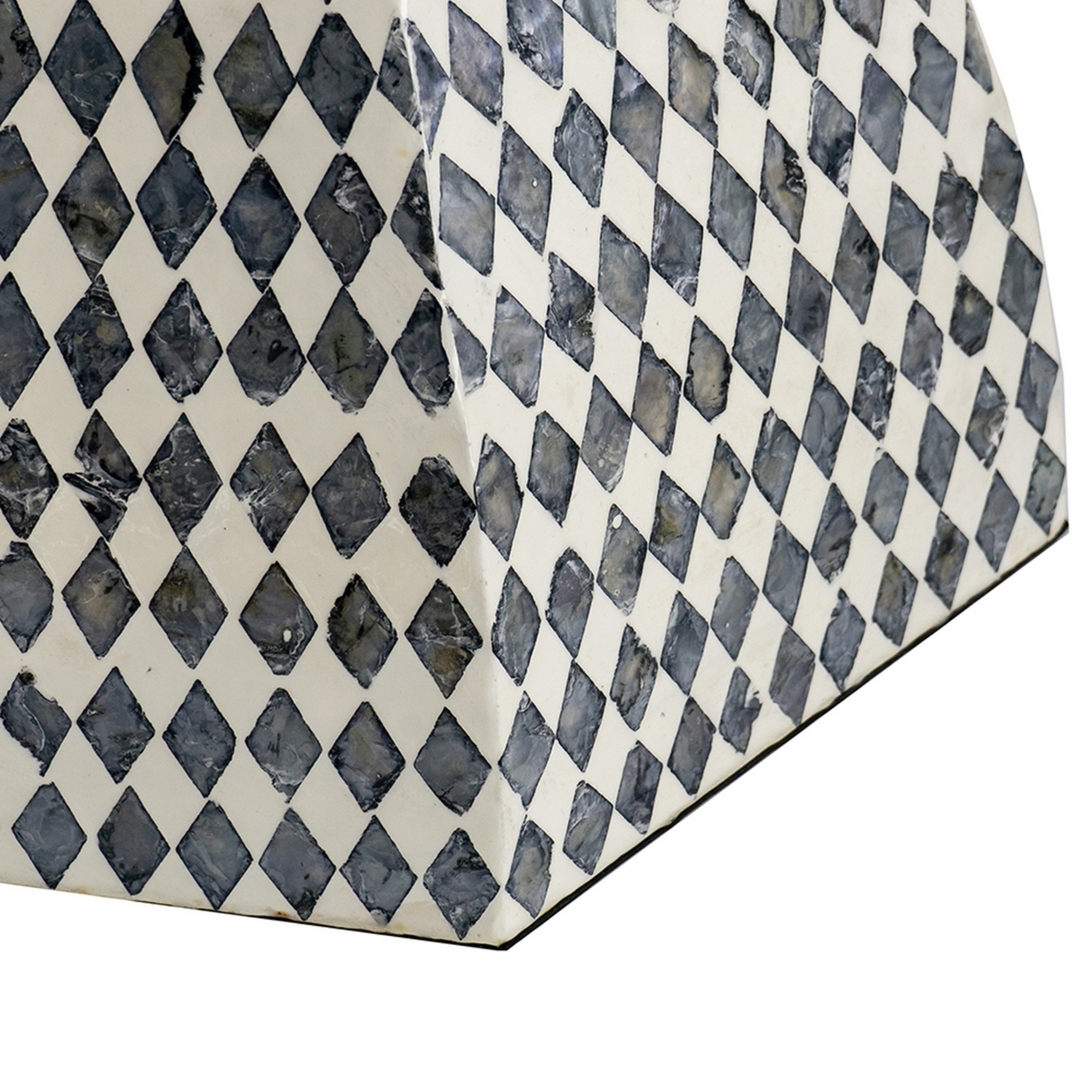 17 Inch Modern Hexagonal Table Stool, Capiz Inlaid Platform, White, Black- Saltoro Sherpi