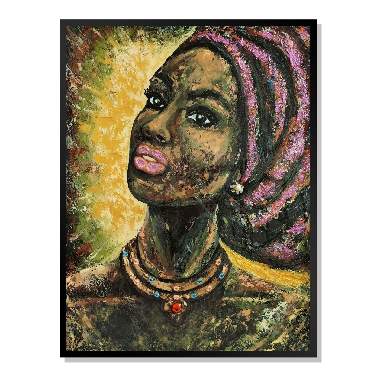 Rin 30 X 39 Hand Painted African Woman, Resin Coat, Warm Greens And Yellows- Saltoro Sherpi
