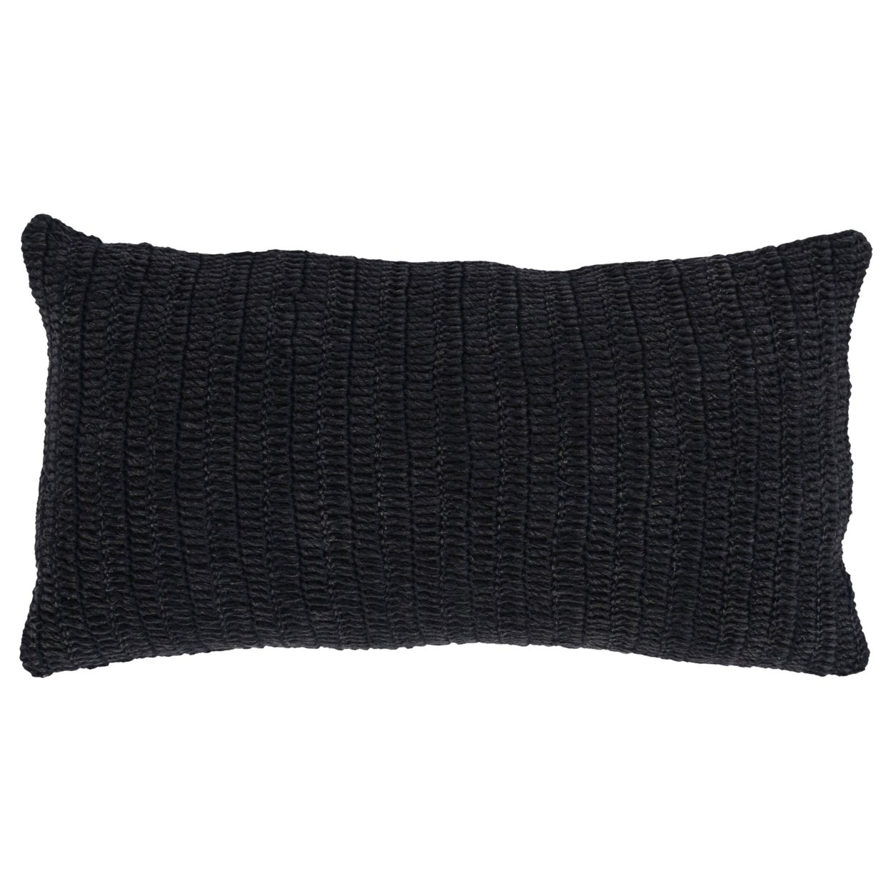 Rosie 14 X 26 Lumbar Accent Throw Pillow, Hand Knitted Designs, Black Linen- Saltoro Sherpi