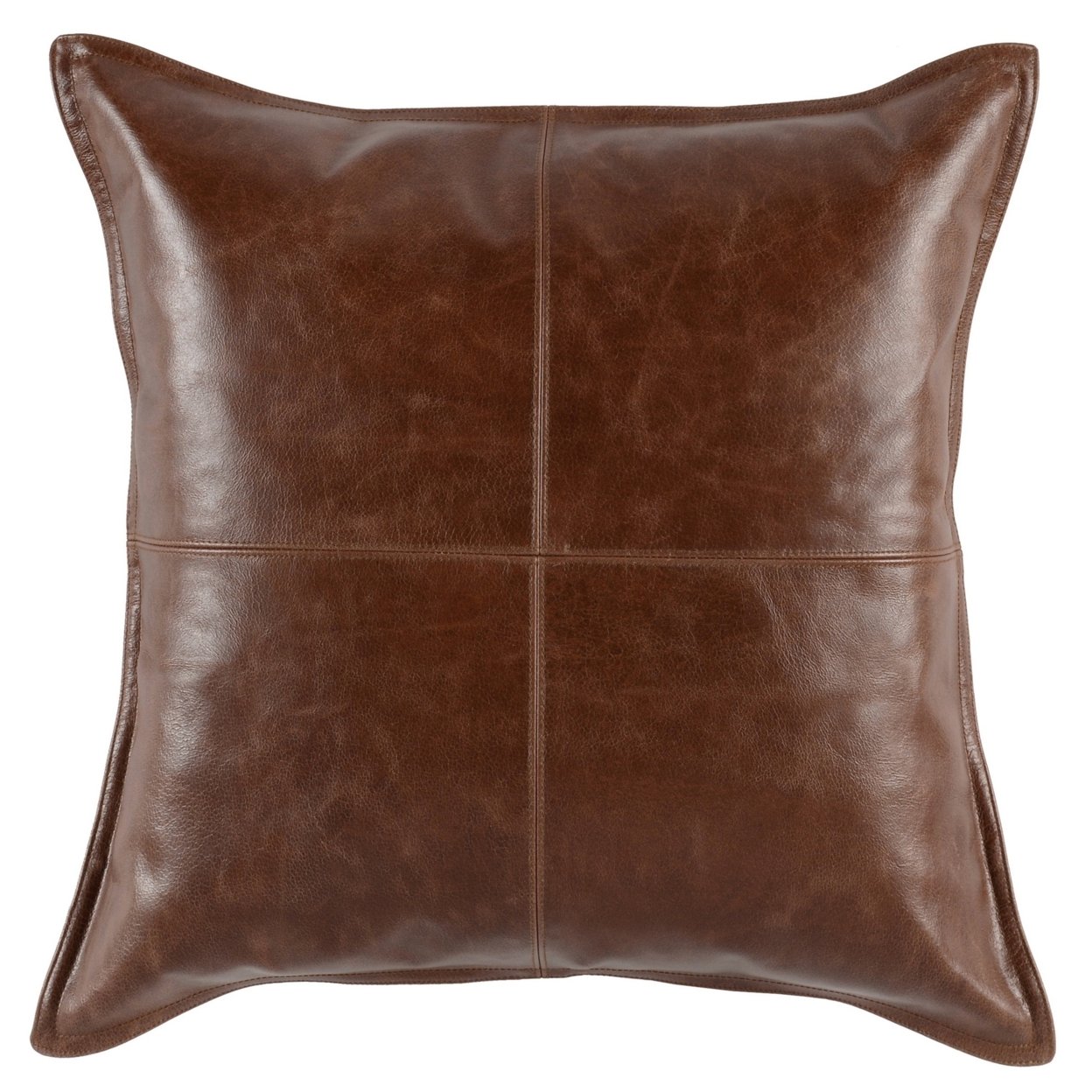 Norm 22 Inch Square Accent Throw Pillow, Authentic Distressed Brown Leather- Saltoro Sherpi
