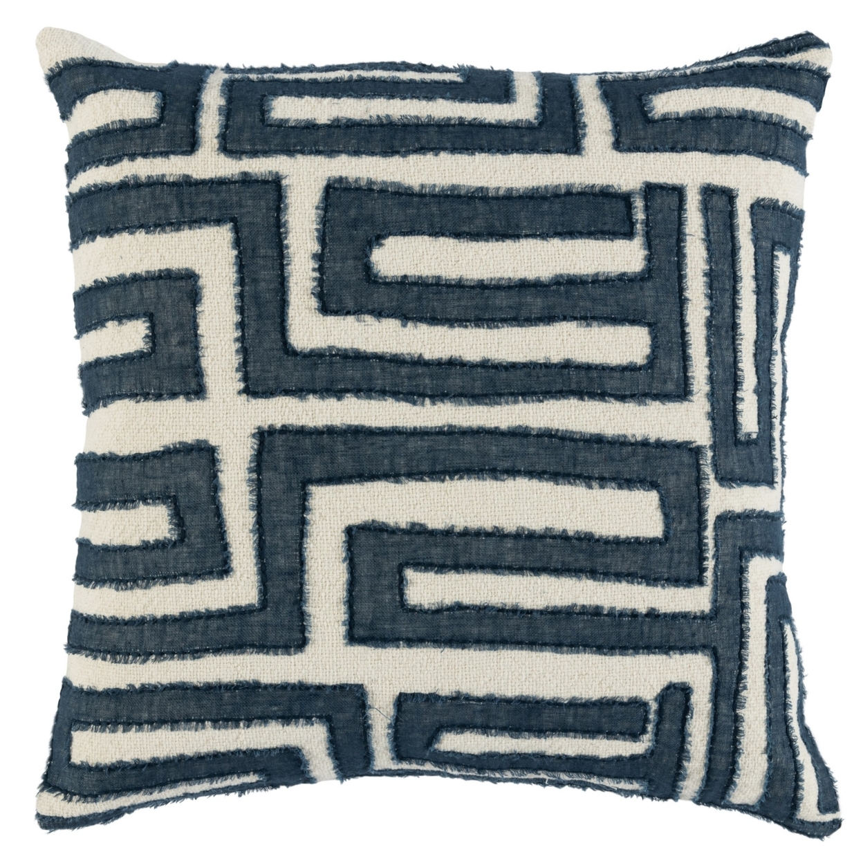 22 Inch Square Accent Throw Pillow, Hand Stitched Applique In Blue, Ivory- Saltoro Sherpi