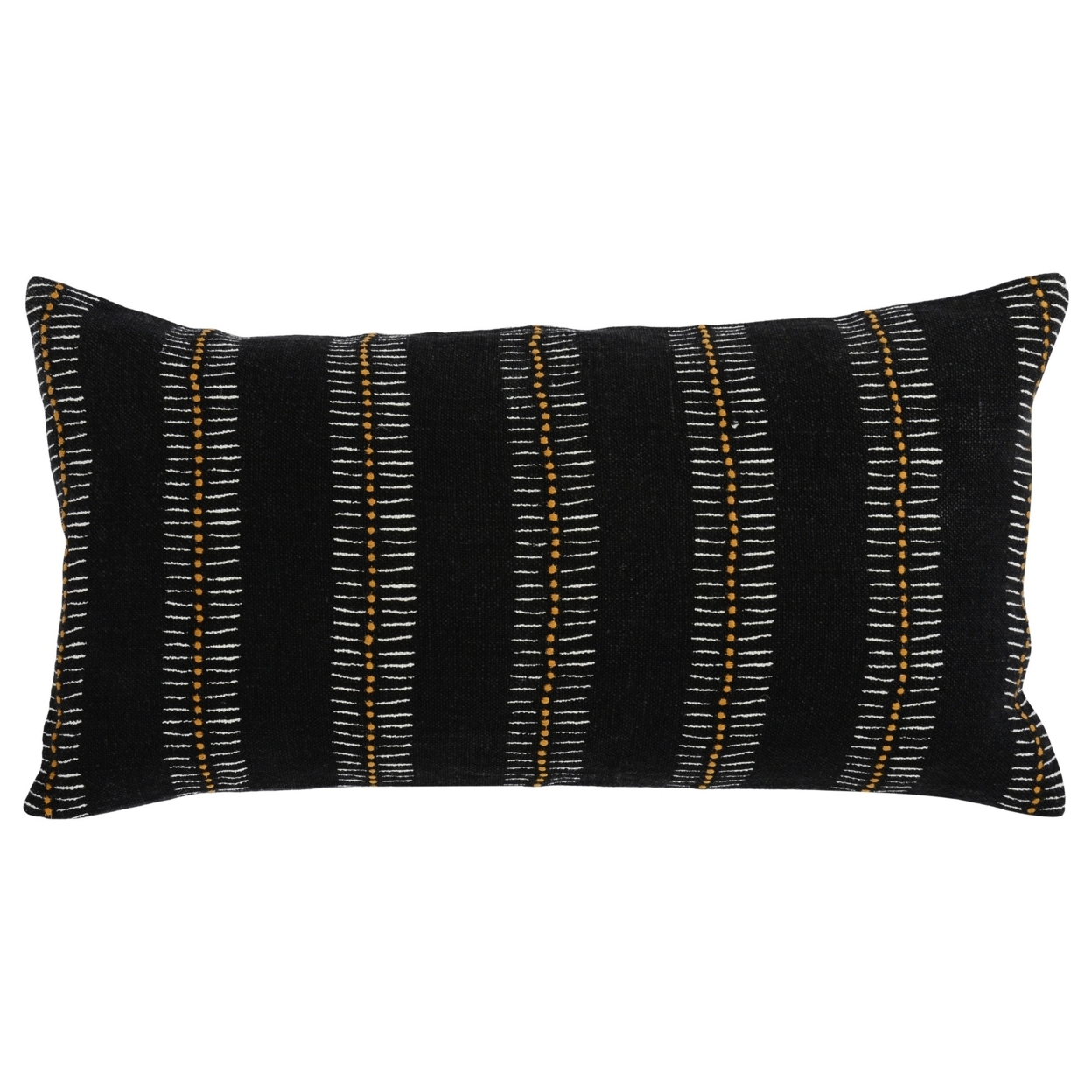 14 X 26 Lumbar Accent Throw Pillow, Hand Screen Print In Gold, Black Linen- Saltoro Sherpi
