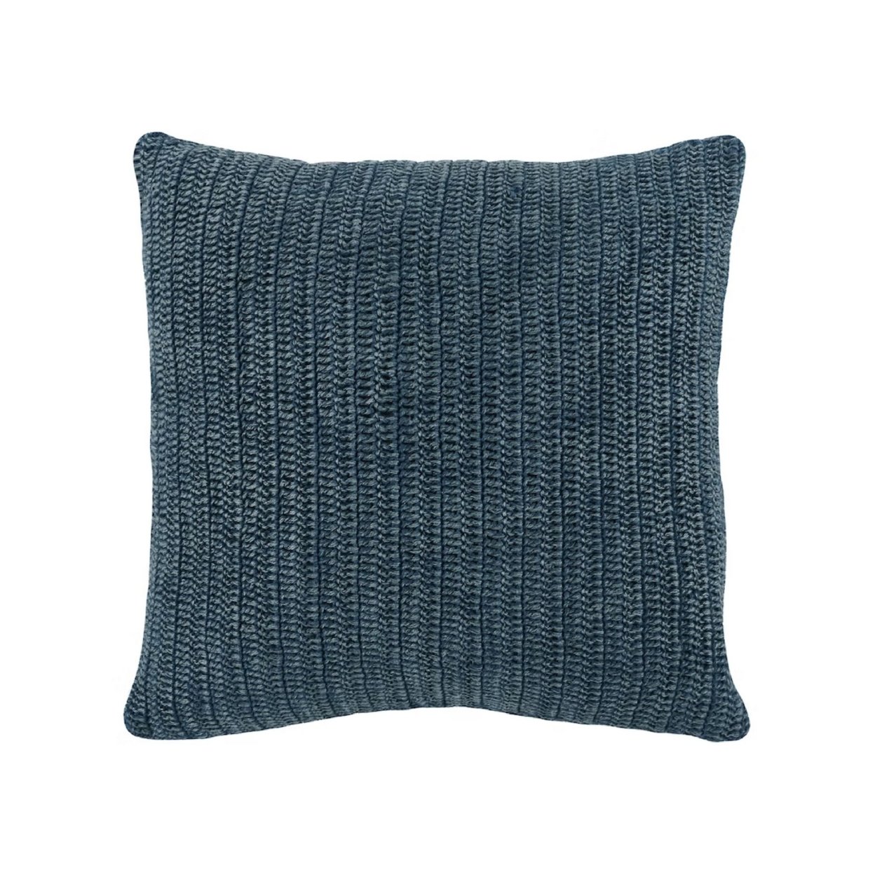 Rosie 22 Inch Square Accent Throw Pillow, Hand Knitted Designs, Blue Linen- Saltoro Sherpi