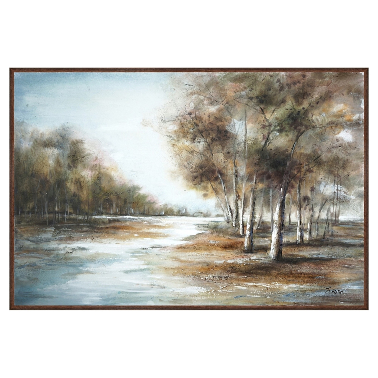 39 X 59 Hand Painted Forest Scenery, Resin Coat, Warm Blues And Browns- Saltoro Sherpi