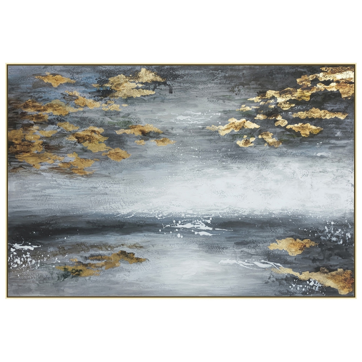 39 X 59 Hand Painted Sky With Gold Foil Clouds, Silver Frame, Resin Coat- Saltoro Sherpi
