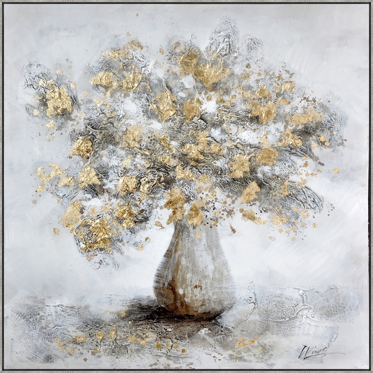 47 X 47 Modern Hand Painted Vase With Gold Foil Flowers And Silver Frame- Saltoro Sherpi