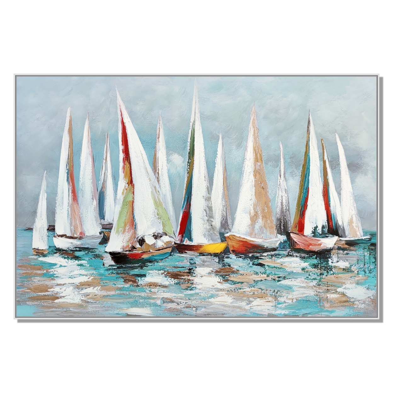 Hy 39 X 59 Hand Painted Multicolor Floating Boats, Modern, White Frame - Saltoro Sherpi