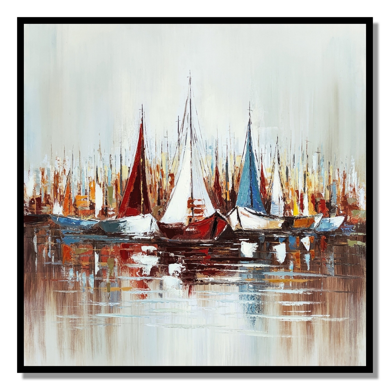 Hy 47 X 47 Hand Painted Multicolor Boats In Standing Water, Black PS Frame - Saltoro Sherpi