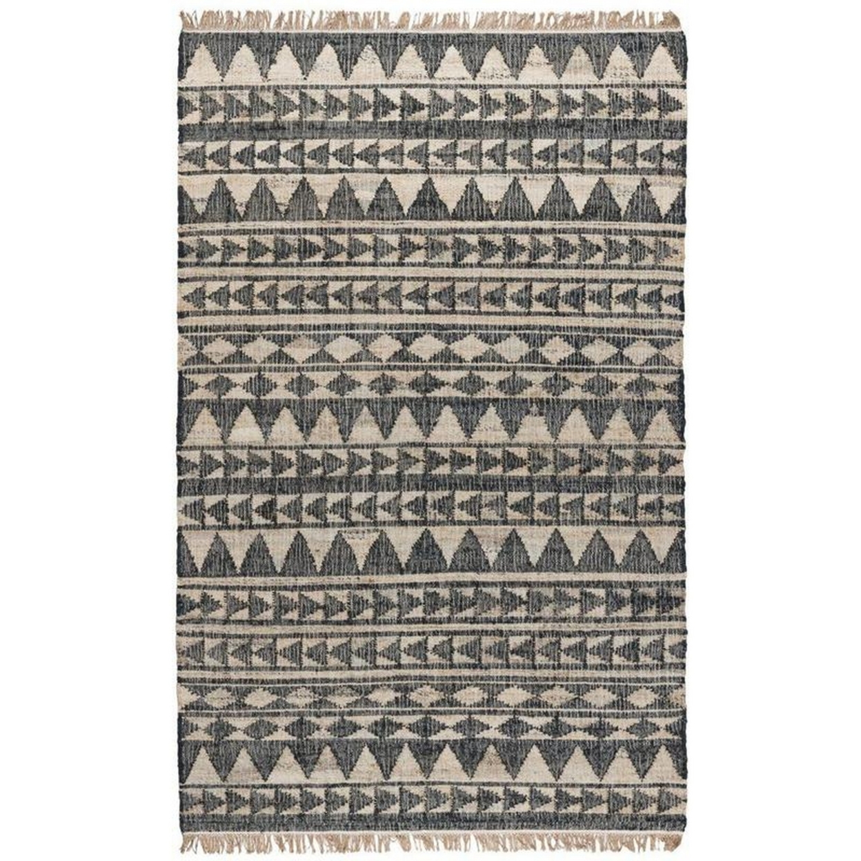 Moly 5 X 8 Tassel Area Rug, Tribal Triangle Pattern, Black Handwoven Jute - Saltoro Sherpi