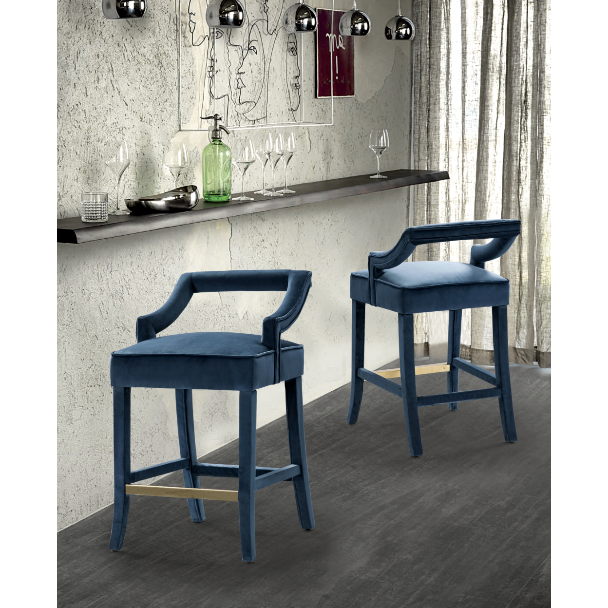 Iconic Home Catalina Counter Stool Chair Velvet Upholstered Half Back Design Gold Tone Footrest Bar Wood Frame, Modern Contemporary - Teal