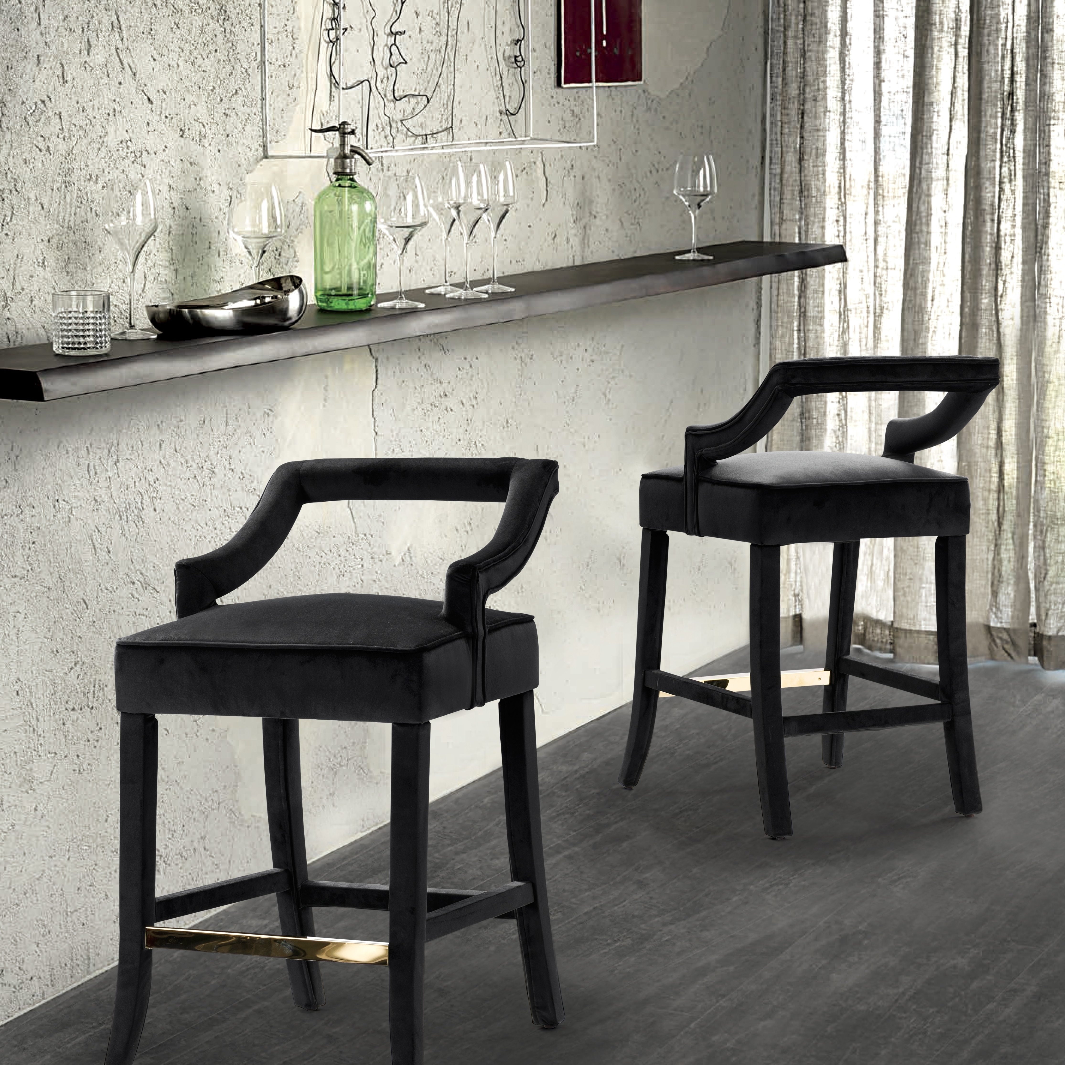 Iconic Home Catalina Counter Stool Chair Velvet Upholstered Half Back Design Gold Tone Footrest Bar Wood Frame, Modern Contemporary - Black