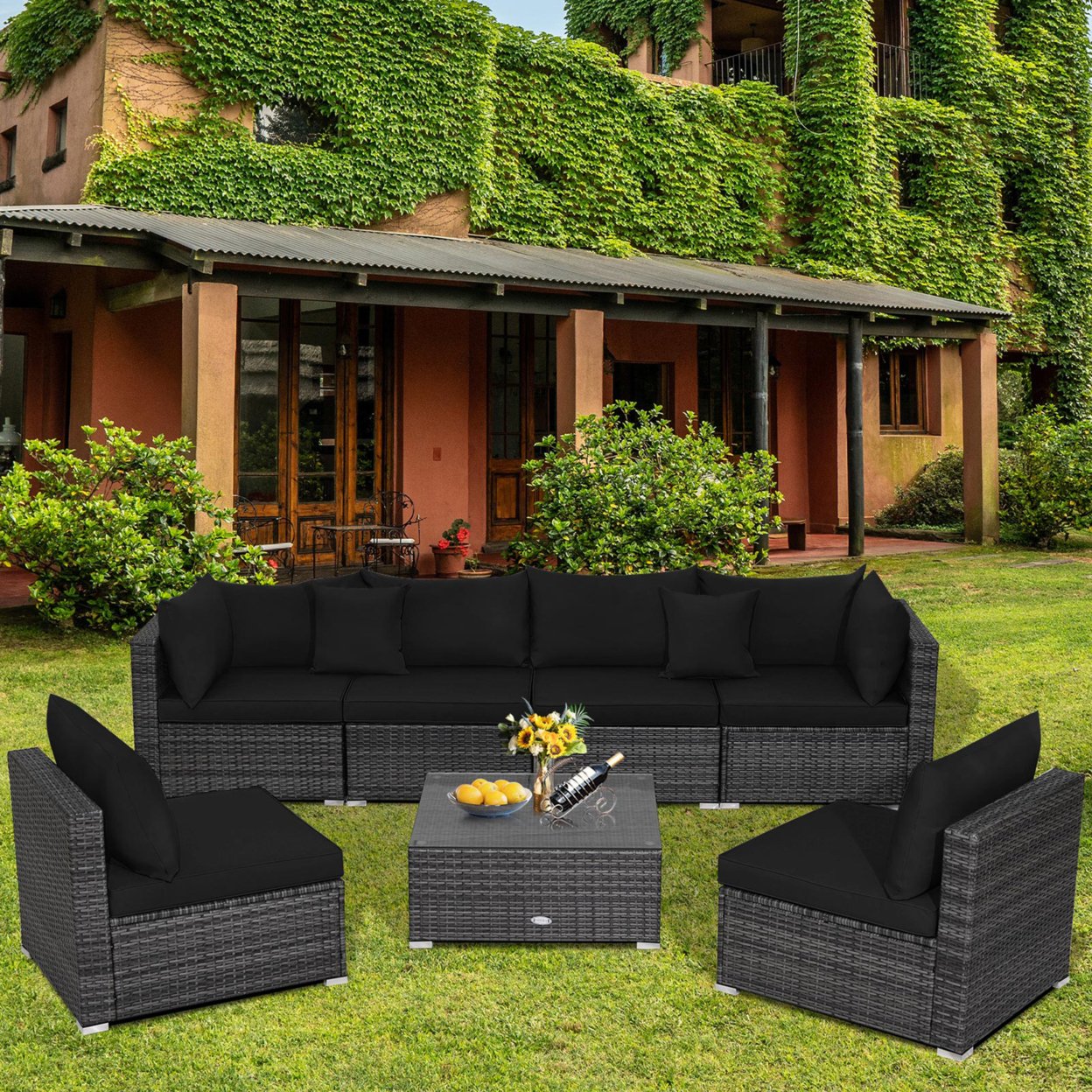 7PCS Patio Rattan Sectional Sofa Set Outdoor Furniture Set W/ Cushions - Black