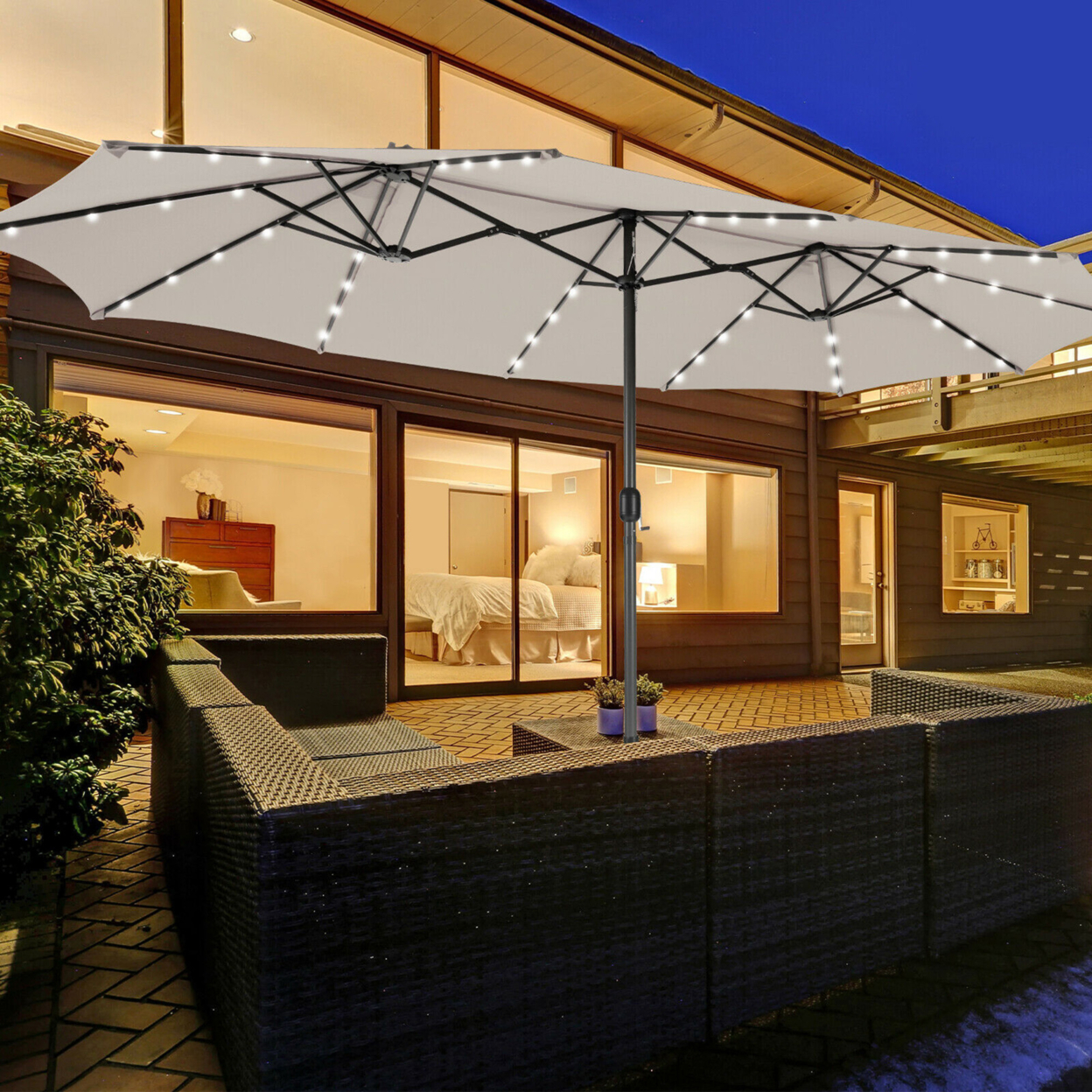 Outdoor 15' Double-Sided Patio Umbrella 48 Solar LED Lights Crank & Base - Beige