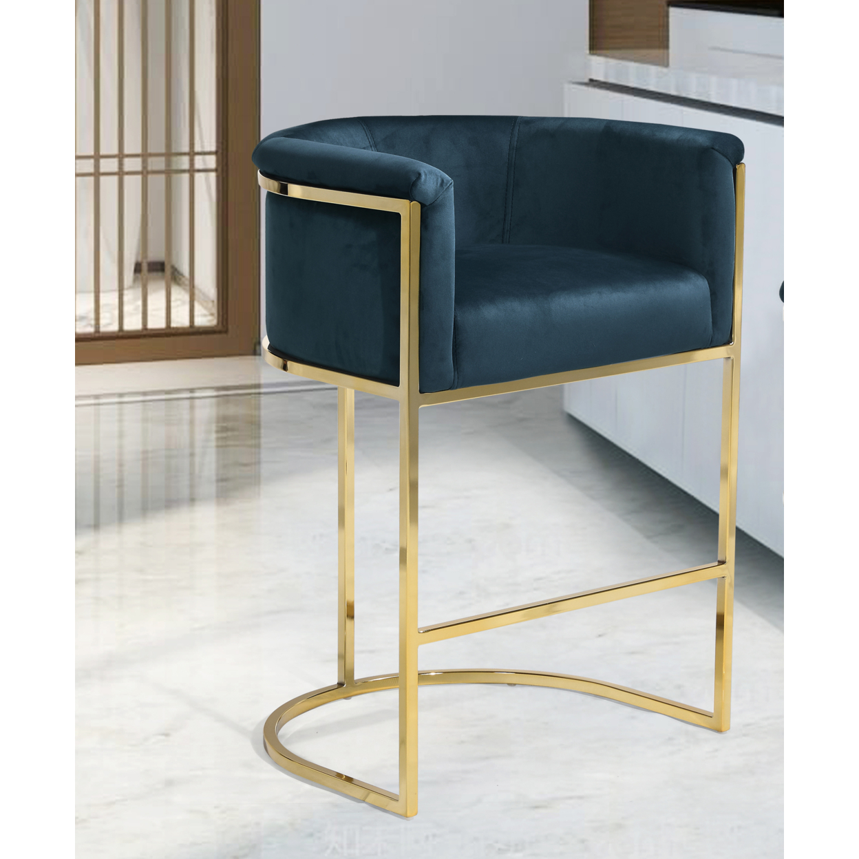 Iconic Home Scout Counter Stool Chair Velvet Upholstered Rolled Shelter Arm Design Half-Moon Goldtone Solid Metal U-Shaped Base - Teal