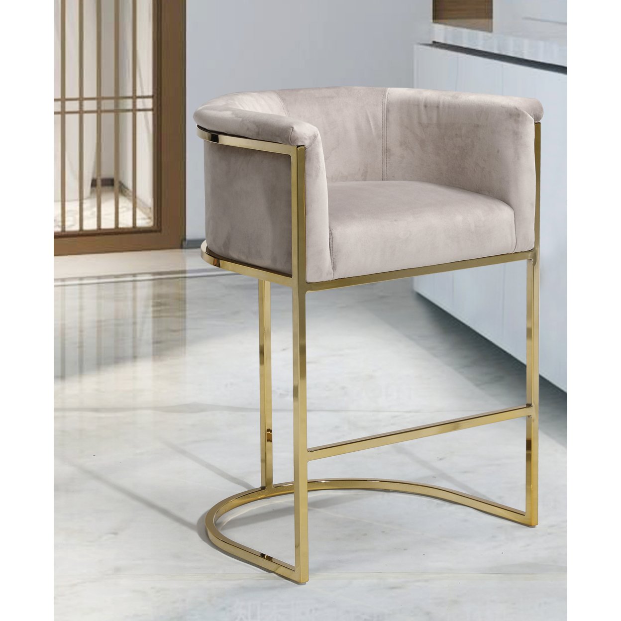 Iconic Home Scout Counter Stool Chair Velvet Upholstered Rolled Shelter Arm Design Half-Moon Goldtone Solid Metal U-Shaped Base - Taupe