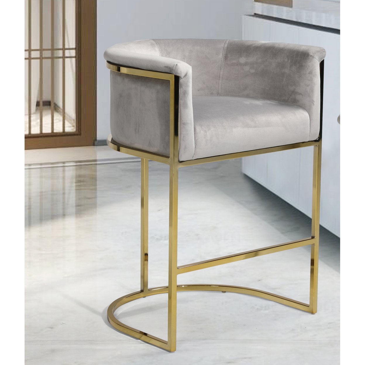 Iconic Home Scout Counter Stool Chair Velvet Upholstered Rolled Shelter Arm Design Half-Moon Goldtone Solid Metal U-Shaped Base - Grey
