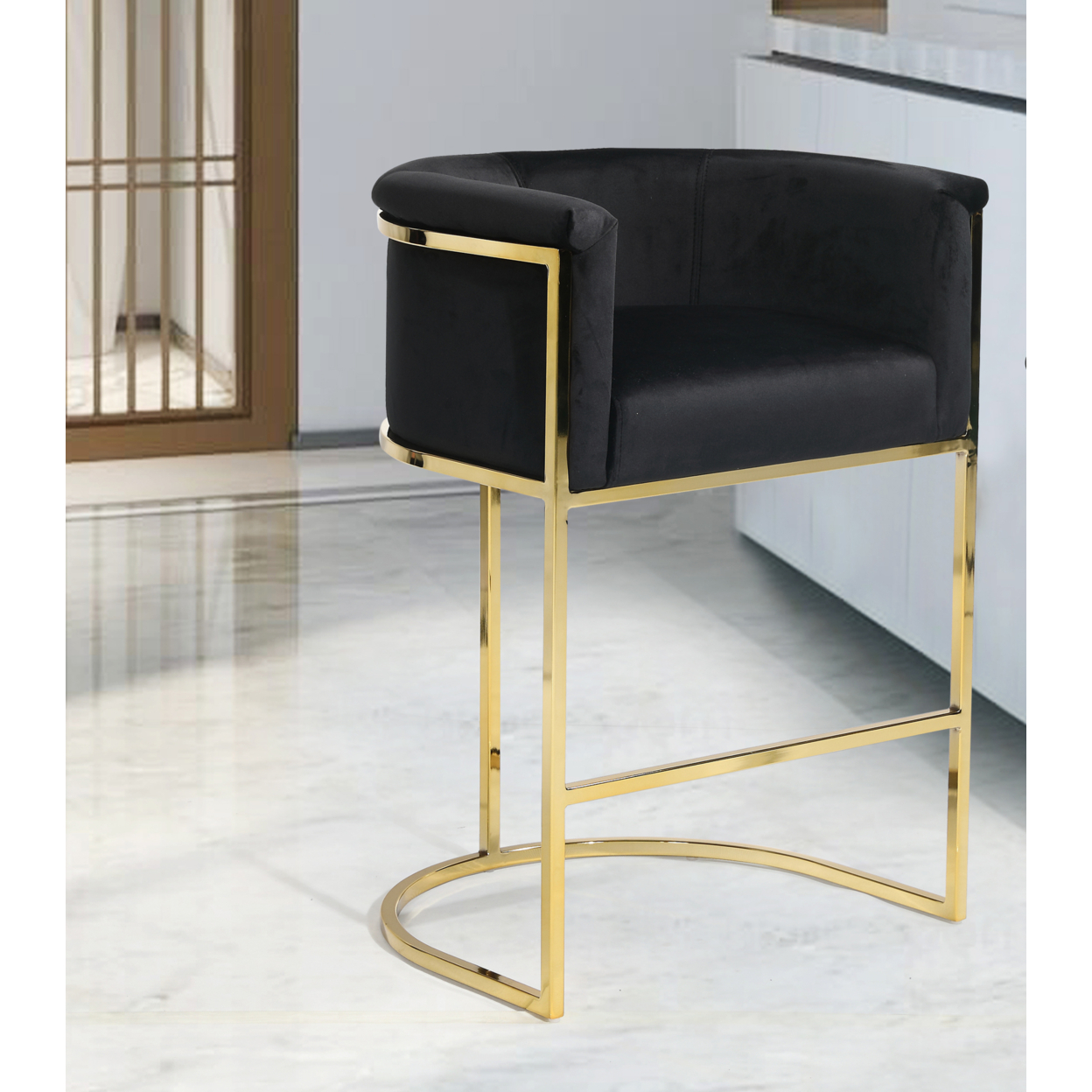 Iconic Home Scout Counter Stool Chair Velvet Upholstered Rolled Shelter Arm Design Half-Moon Goldtone Solid Metal U-Shaped Base - Black