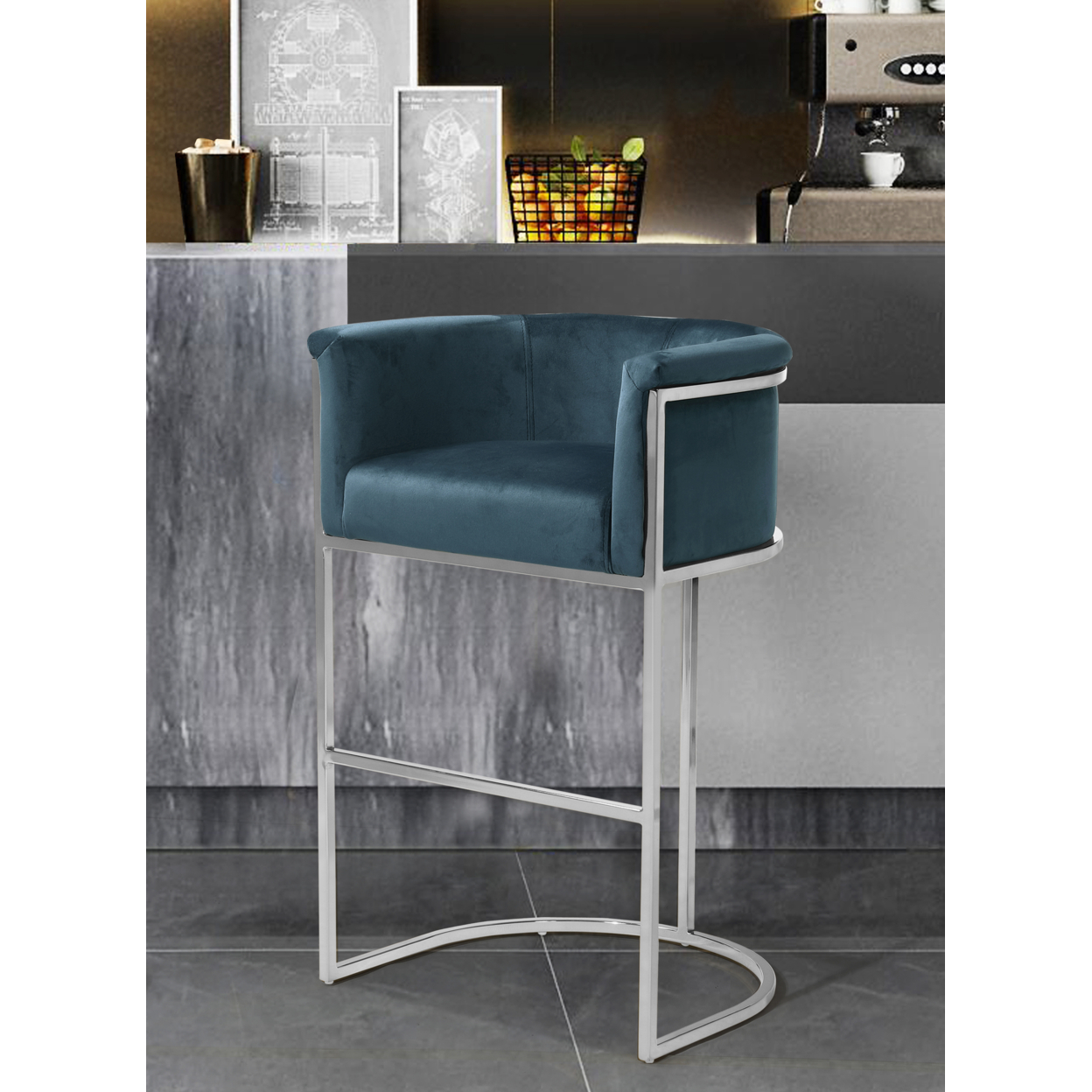 Iconic Home Scout Bar Stool Chair Velvet Upholstered Rolled Shelter Arm Design Half-Moon Chrometone Solid Metal U-Shaped Base - Teal