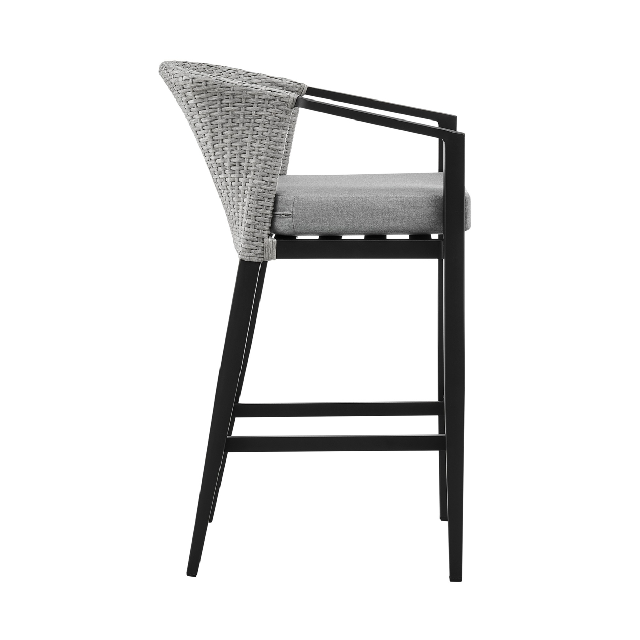 Nyla 30 Inch Patio Barstool, Black Aluminum Frame, Wicker, Gray Cushions- Saltoro Sherpi