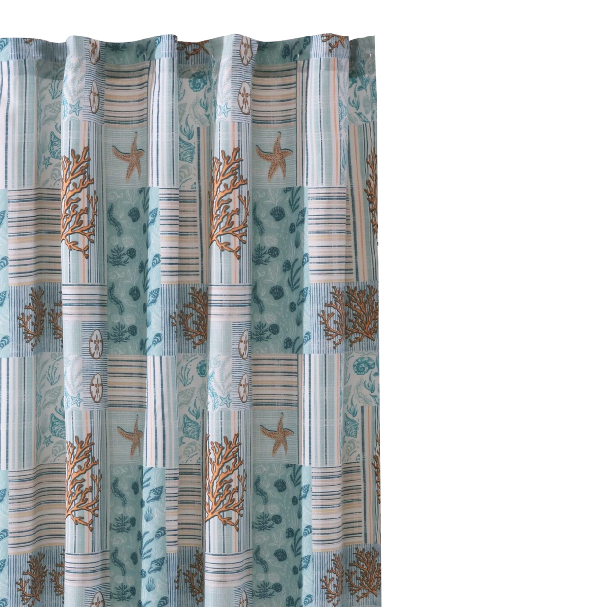 Sea Life Print Shower Curtain With Button Holes, Blue And Brown